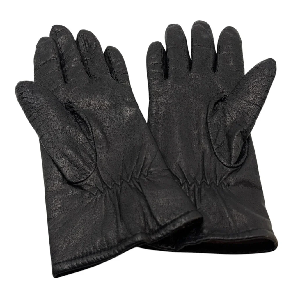 Vintage Pownes  Genuine‎ Leather Gloves Black Polyester Lined Womens Size 7.5